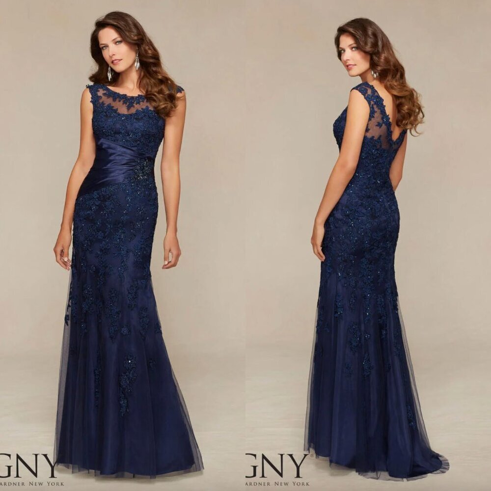 NWT MGNY Madeline Gardner Silver Sequin Floral Lace Satin Tulle Embellished Gown - Picture 2 of 7